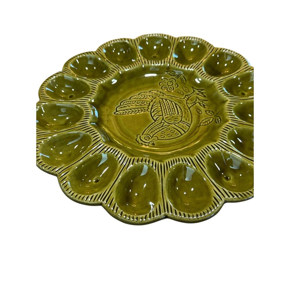 Vintage CALIF USA S 29 Deviled Egg Platter Avocado Green Chicken Folk Art - Picture 5 of 11